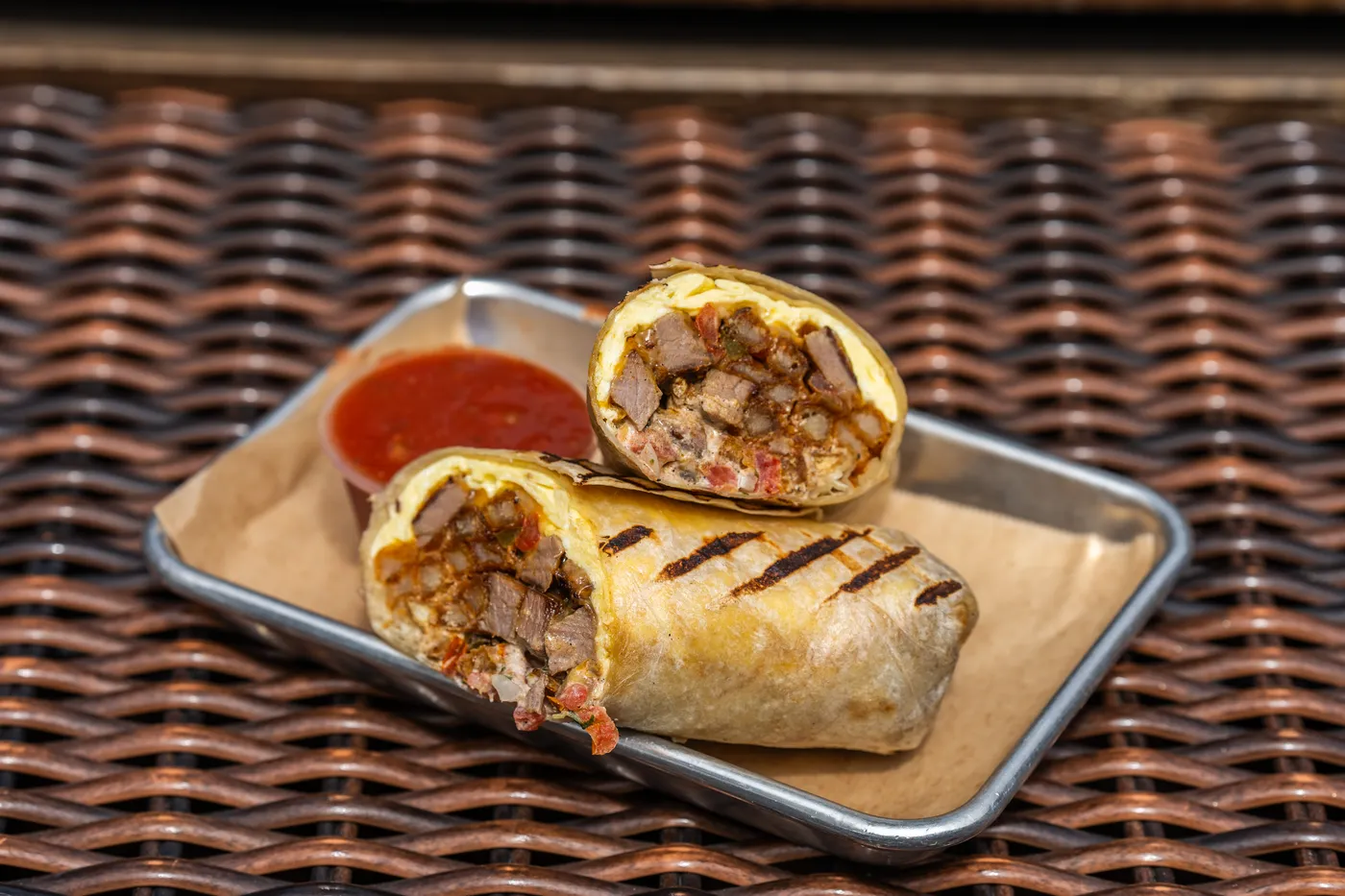Brisket breakfast burrito with fries at Park 101 Carlsbad brunch