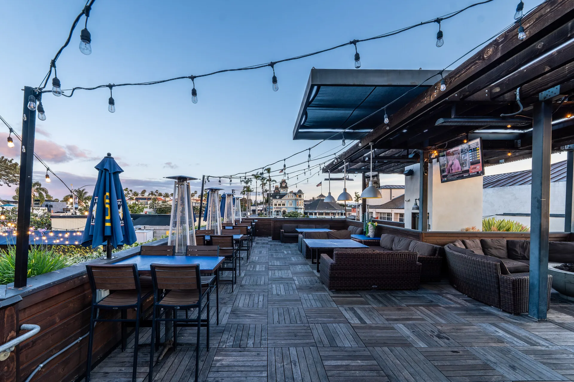 Rooftop deck at Park 101 Carlsbad with Carlsbad Village skyline